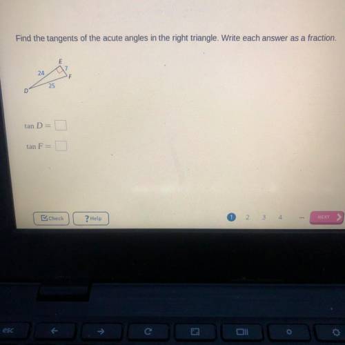 Find the tangents of the acute angles in the right triangle. Write each answer as a fraction.

E
2
