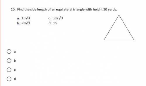 Find the side length of an equilateral with a height of 30 yards?