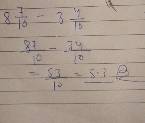 Hel pl
Subtract. Write your answer in simplest form. 8 7/10 - 3 4/10