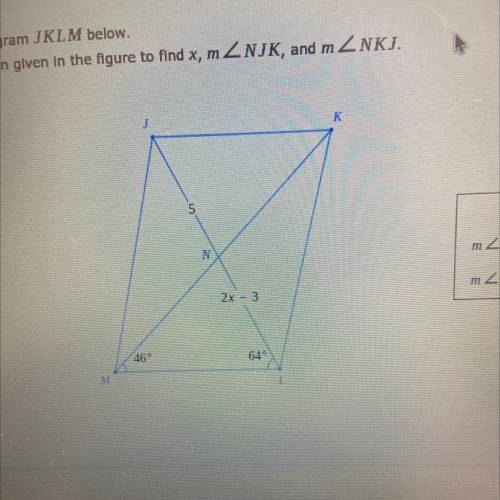 Consider parallelogram JKLM below. He use the information given in the figure to find x, m