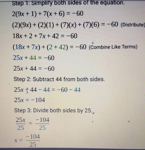 2 (9x-1) + 7 (x+6) = -60 (show work and solve for x)