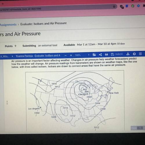 (For Science) HELP :,D

1. The lowest air pressure on the map is _______ millibars. 
2. Where this