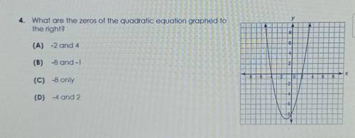 What are the zeros of the quadratic equation graphed to the right?

A. -2 and 4B. -8 and -1C. -8 o