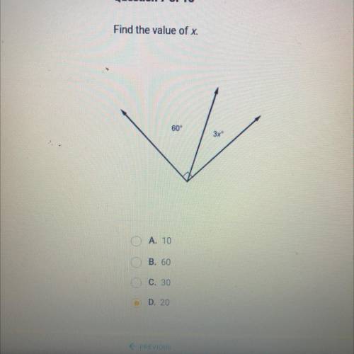 Find the value of x
A 10
B 60
30
D 20