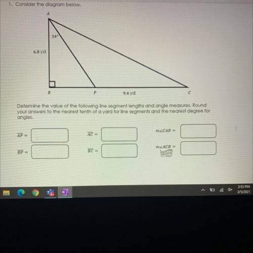 Determine the value of the following line segment lengths and angle measures. Round

your answers