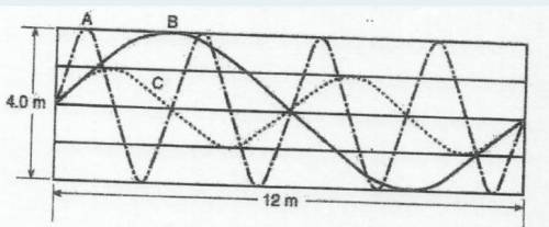 1. Three waves A, B, and C travel a distance of 24 m in 3.0 s in the same medium. Answer the follow