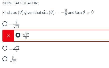 Trigonometry - Find Cos(Theta) given that sin(Theta) = -2/9 and tan(Theta) > 0