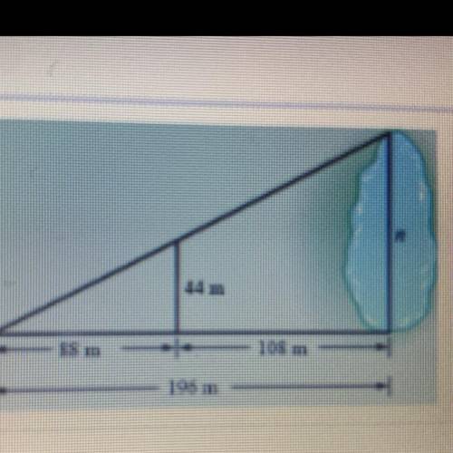 Use the similar triangles and. proportion to find the length of the lake shown here

(Hint: The si