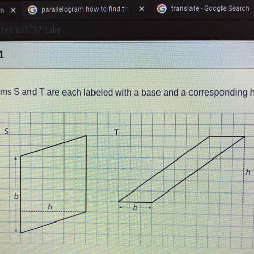 Parallelograms S and T are each labeled with a base and a corresponding height.