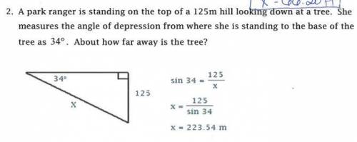 2. A park ranger is standing on the top of a 125m hill looking down at a tree. She measuring the

a