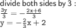 \sf divide \: both \: sides \: by \: 3:  \\ \tt  \frac{3y}{3}  =    - \frac{2x + 6}{3}  \\  \tt  y = -   \frac{2}{3}x  + 2
