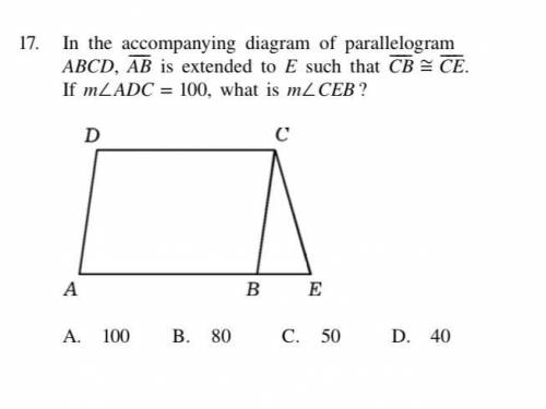 In the accompanying diagram of the parallelogram ABCD, AB is extended to E such that CB is congruen