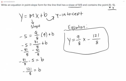 Write an equation in point-slope form for the line that has a slope of 9/8 and contains the point (9