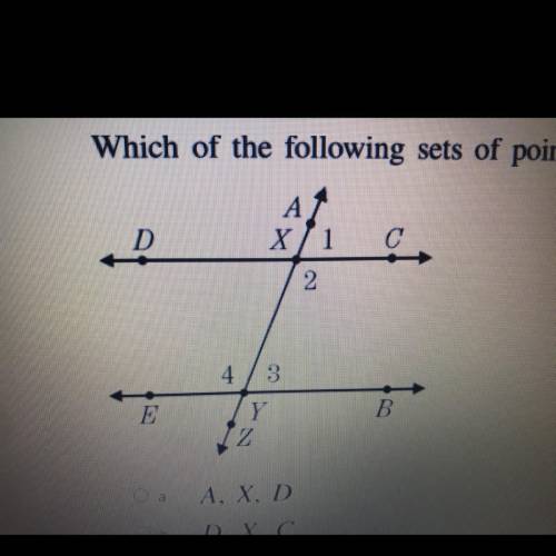 Hey, need a little help.

Which of the following sets of points are collinear?
a. A, X, D
b. D, X,