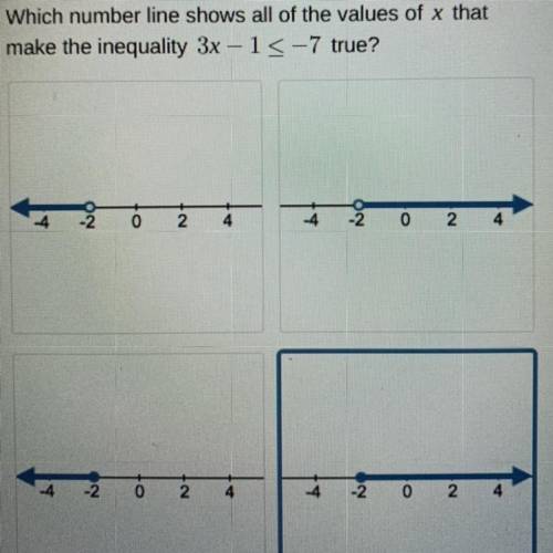 HELP ASAP PLZ.

Which number line shows all of the values of x that
make the inequality 3x – 1 <