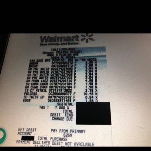 The receipt. Below shows purchases made by. Connie at Walmart she plans to pay with a $50 gift card