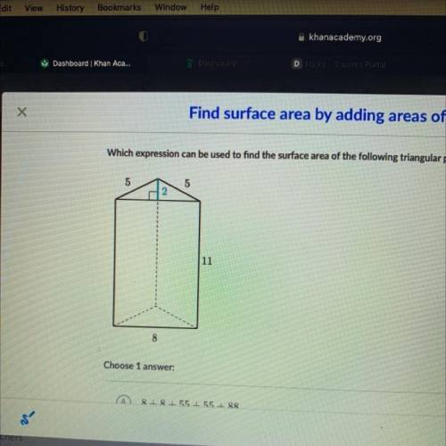 Which expression can be used to find the surface area of the following triangular prism?

5
5
2
11