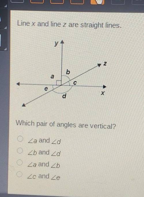 Line x and line z are straight lines. y Z a G MD X d Which pair of angles are vertical? Za and d o