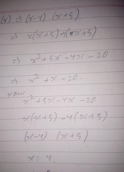 What are the zeros of the polynomial function 
F(x)=(x - 4) ( x + 5 )