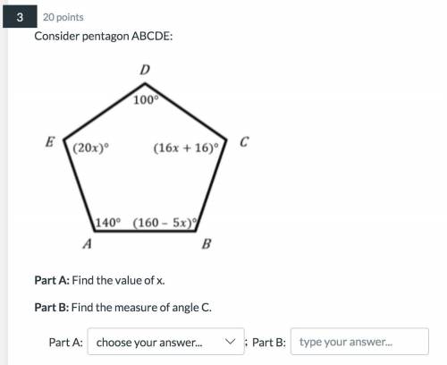 Can someone please help?

Consider pentagon ABCDE:
Part A: Find the value of x.
Part B: Find the m