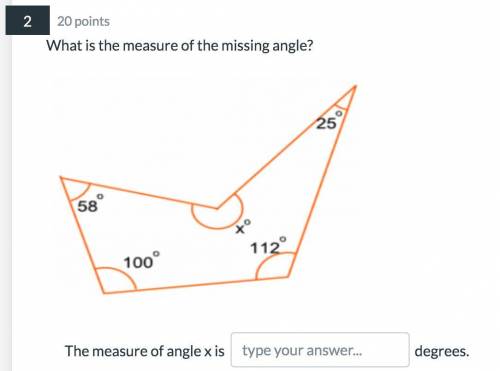 Can someone please please help

What is the measure of the missing angle?
The measure of angle x i