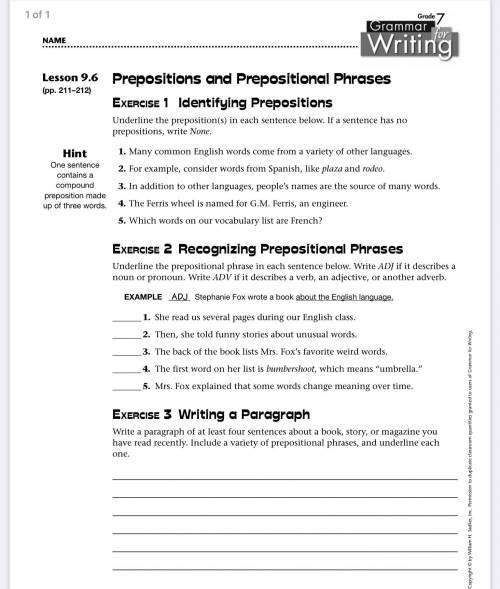 Exercise 3, 2 , 1 Exercise 3 Writing a Paragraph and Recognizing Prepositional Phrases and Identify