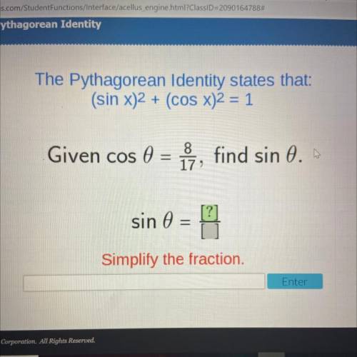 The Pythagorean Identity states that:

(sin x)2 + (COS X)2 = 1
Given cos 0 = i, find sin 0. A
sin
