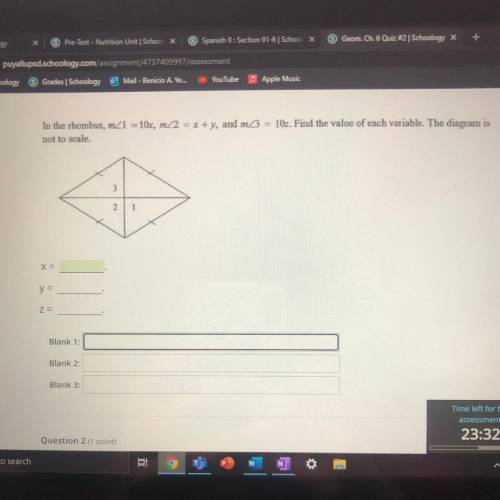 In the rhombus, m<1 = 10x, m<2 = x + y, and m<3 = 10 z. I need help asap!!