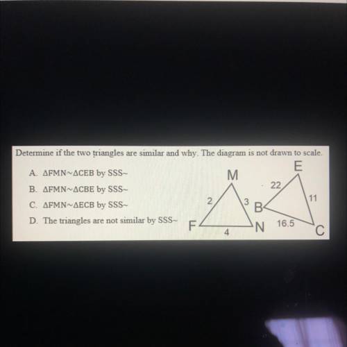 Help!!

Determine if the two triangles are similar and why. The diagram is not drawn to scale.
