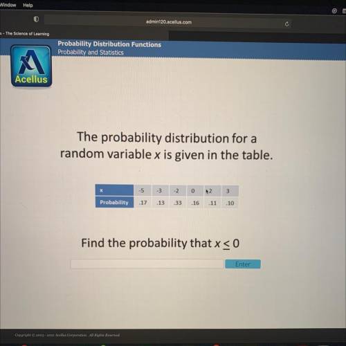 The probability distribution for a

random variable x is given in the table.
X
-5
-3
-2
0
2
3
Prob