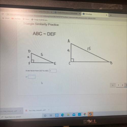 Triangle Similarity Practice

ABC - DEF
Scale factor from DEF to ABC
i need to know what x equals