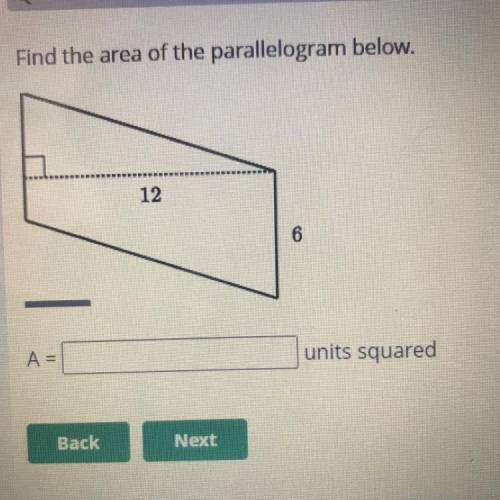 Find the area of the parallelogram below.
12
6
A=
units squared