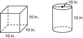 A cylinder with a diameter of 10 inches (in.) and a cube are shown.

Which statement about the vol