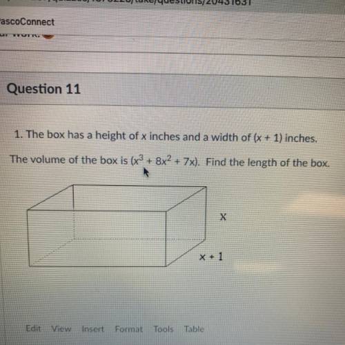 1. The box has a height of x inches and a width of (x + 1) inches,

The volume of the box is (x3
+
