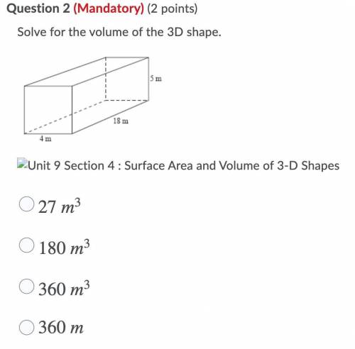 *WILL GIVE BRAINLIEST*

Solve for the volume of the 3D shape.
Unit 9 Section 4 : Surface Area and