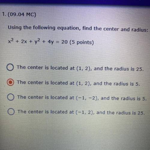 using the following equation find the center and radius X squared plus 2X plus Y squared plus 4Y eq
