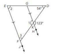 DEF is a triangle. GH and EF are straight lines. Find the measures of angles 1, 2, and 3
