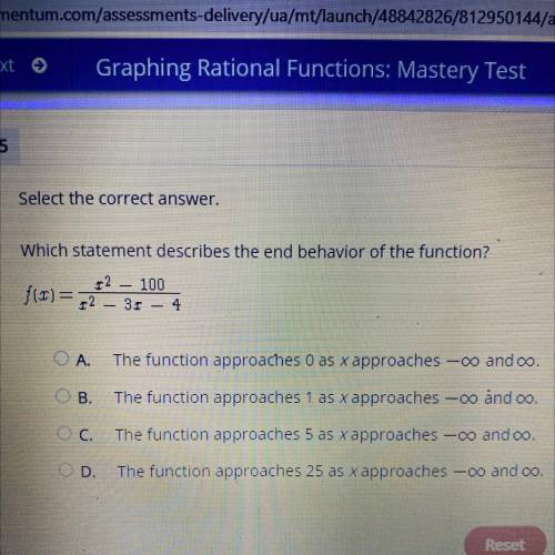 QUICKK !!

Select the correct answer.
Which statement describes the end behavior of the function?