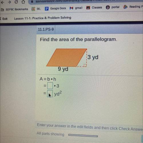 Find the area of the parallelogram.
3 yd
9 yd
