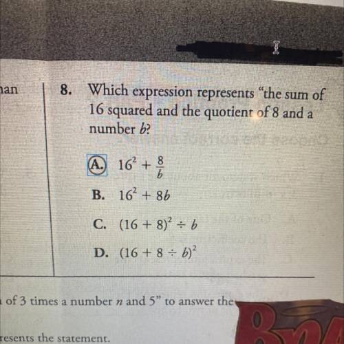 Which expression represents the sum of 16 squared and the quotient of 8 and a number b?