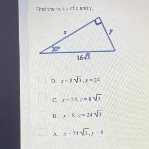 30-60-90 perfect triangles 
Find the value of x and y. 
please help! due at 11:59!!