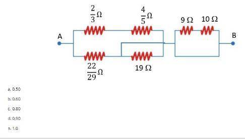 What is the equivalent resistance between terminals A and B, measured in ohms?