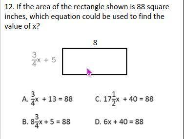 If the area of the rectangle shown is 88 square inches, which equation could be used to find the va
