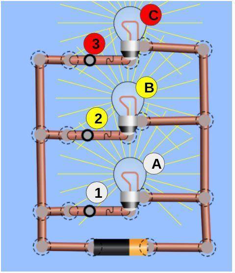 Examine the image below. What will happen to lights A, B, and C if switch 1 is open?