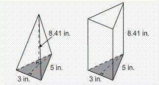 The triangular pyramid on the left is the same height as the triangular prism on the right. Both fi