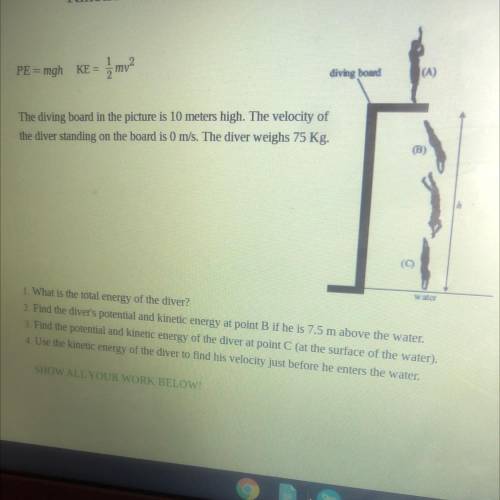 PE = mgh KE =

3 mv?
diving board
(A
The diving board in the picture is 10 meters high. The veloci