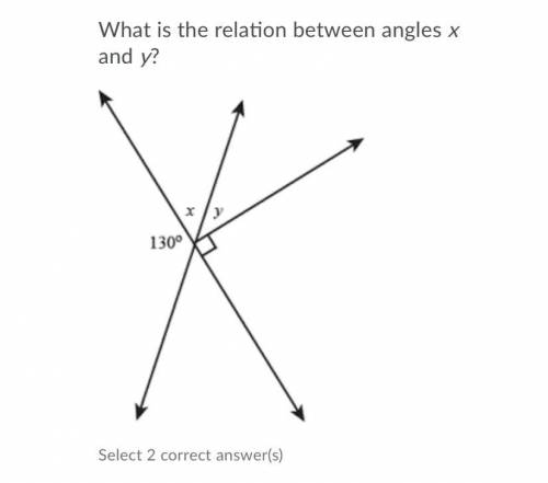 What is the relation between angles x and y?

Angles 1
Select 2 correct answer(s)
Question 5 optio