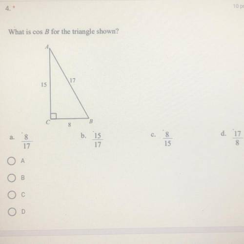 What is cos B for the triangle shown