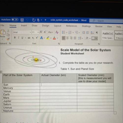 1. Complete the table as you do your research,

Table 1. Sun and Planet Size
Part of the Solar Sys