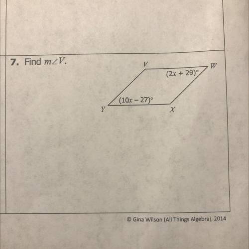 Find m2V.
V
W
(2x + 29)
(10x – 27)°
Y